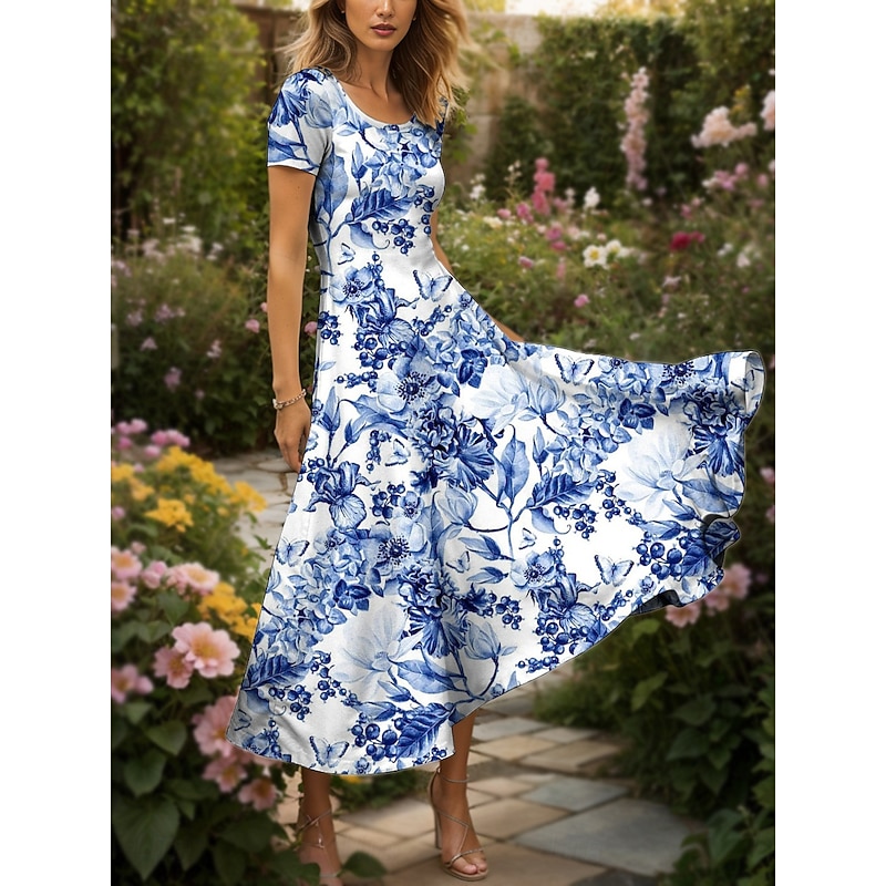 Women's Maxi Dress Casual Dress Sundress A Line Dress Summer Dress Elegant Vacation Vintage Regular Fit Floral Graphic Short Sleeve Square Neck Scoop Neck Yellow Red Blue Purple Summer Spring
