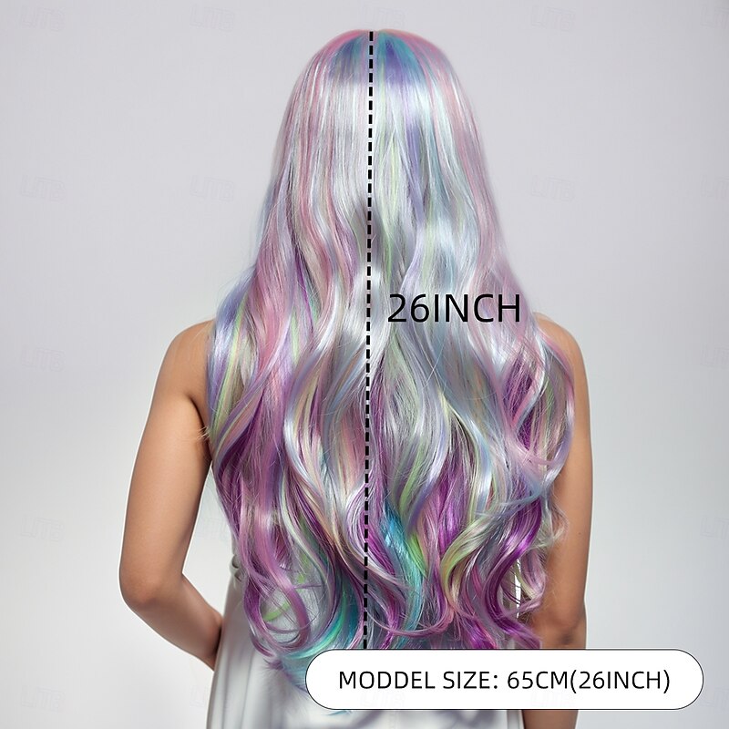 Women's Synthetic Wavy Wig 26 Inch Bouncy Curl Middle Part Deep Parting Machine Made Gradient Mixed Color A1 Comfortable Classic Hair4