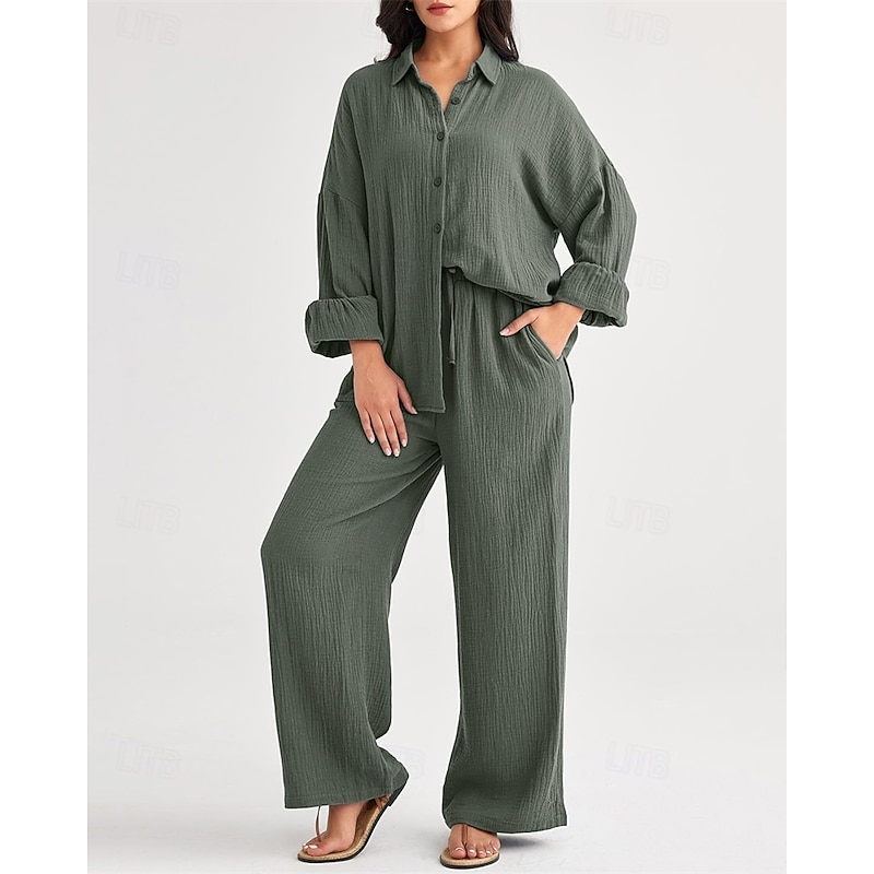 Women's Fashion Streetwear Shirt Two Piece Sets Pants Sets Long Sleeve Shirt Collar Solid Color Drawstring Daily Wear Date Black Wine Army Green Spring Regular Fit4