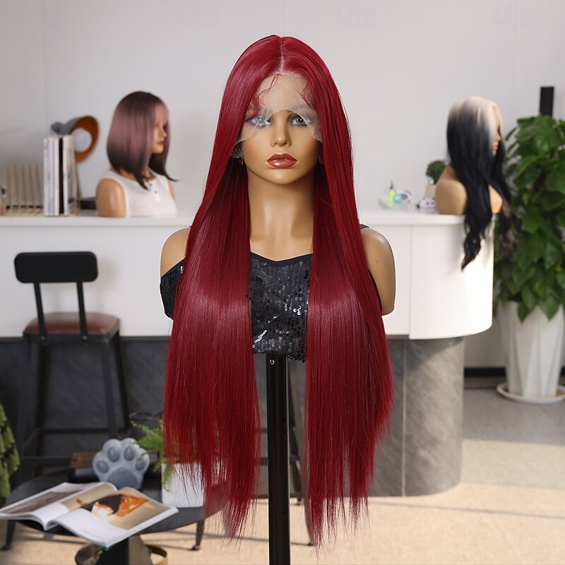 Synthetic Lace Wig Straight Style 32 inch Red Middle Part 13x6 Lace Front Wig Women's Wig Red / White4