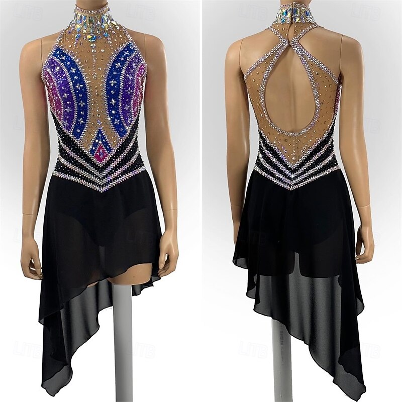 Figure Skating Dress Women's Girls' Ice Skating Dress Black Blue Patchwork Open Back Mesh High Elasticity Training Competition Skating Wear Classic Crystal / Rhinestone Sleeveless Ice Skating Figure