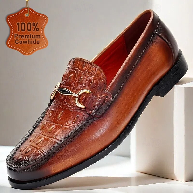 Men's Brown Leather Loafers with Crocodile Pattern and Gold Detail – Kentucky Derby Shoes for Formal and Semi-Formal Events