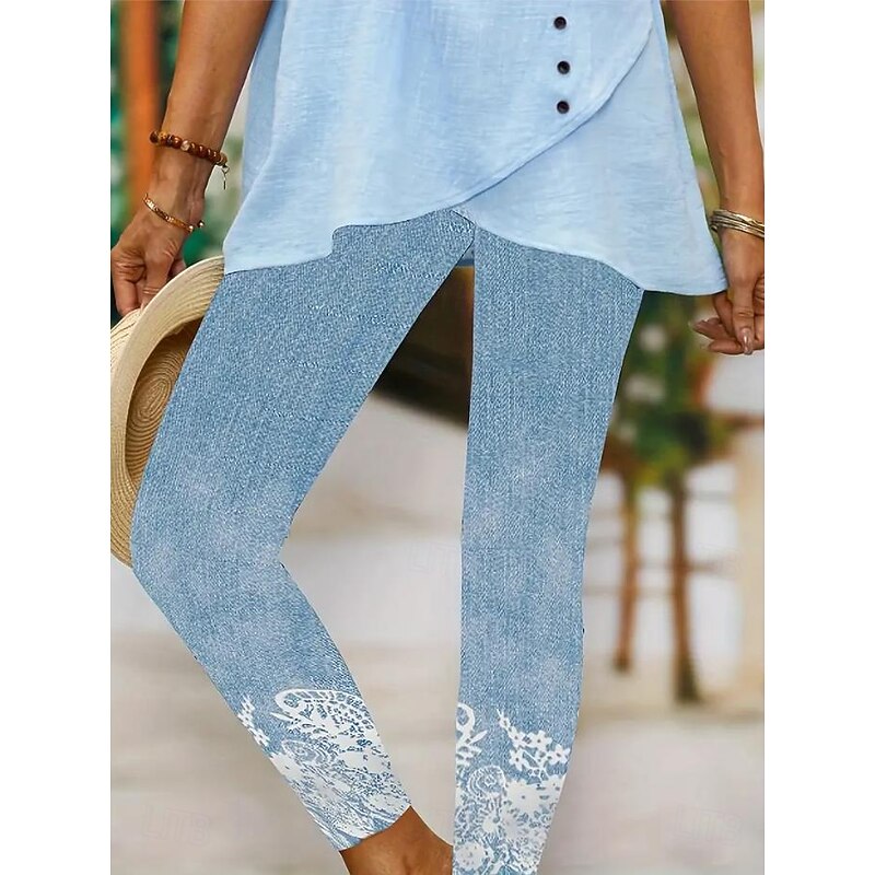 Women's Leggings Vacation Vintage Fashion Ankle-Length High Waist Floral Graphic Printing Soft Breathable Stretchy Vacation Casual Daily Robin's Egg Blue Spring Slim Fit