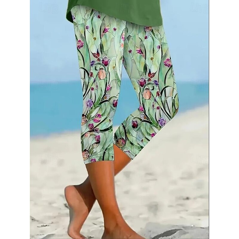 Women's Leggings Capri Pants High Elasticity Vacation Vintage Fashion Calf-Length High Waist Floral Graphic Printing Breathable Soft Stretchy Formal Vacation Office White Green Light Blue Summer2