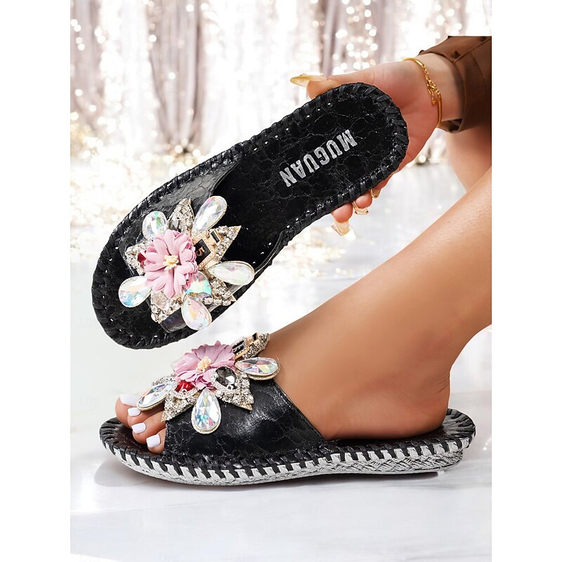 Women's Gold Rhinestone Embellished Flat Slide Sandals – Floral Crystal Espadrille Slip-Ons for Summer Beach Weddings and Vacation Outfits3