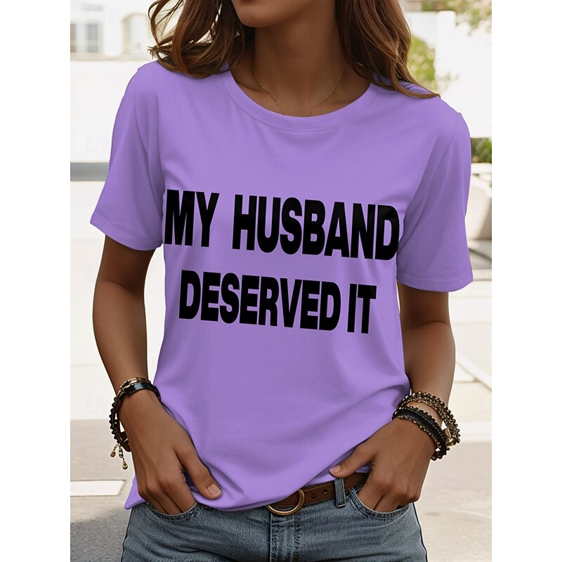 Women's T Shirt Graphic Letter Vintage Stylish Classic Short Sleeve Crew Neck Regular Tops Daily Weekend Print Black White Pink Army Green Red Summer Spring Ridicule Husband4