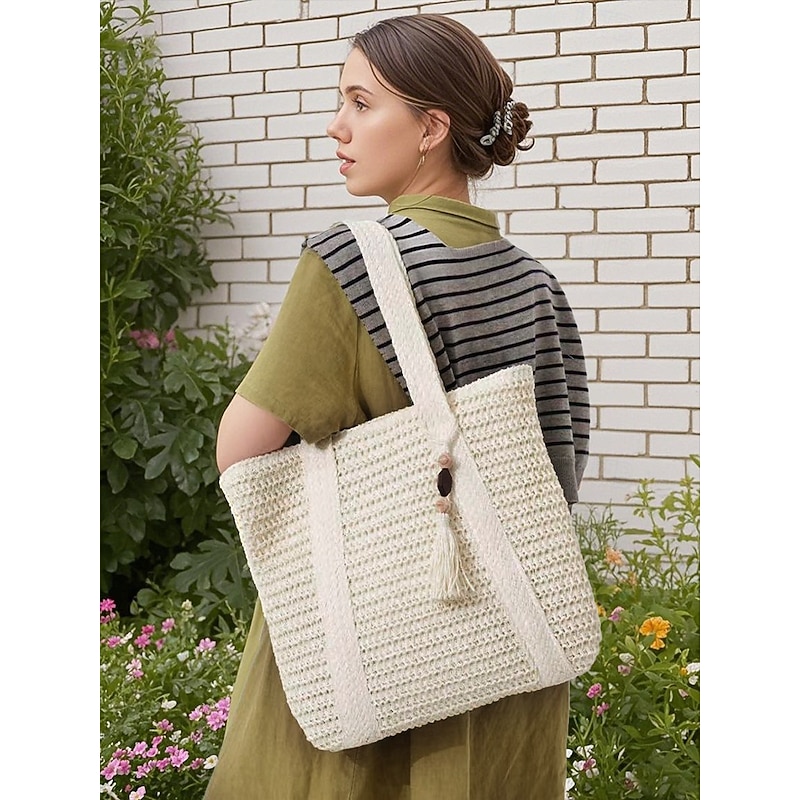 Women's Woven Straw Tote Bag with Tassel – Large Summer Beach Handbag for Vacation, Travel and Casual Outings Color White Green Khaki4