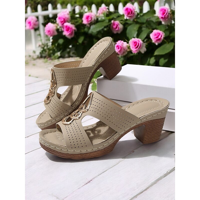 Women's Cutout Sandals with Metallic Accents – Comfy Chunky Heel Mule Sandals  for Summer & Daily Use4