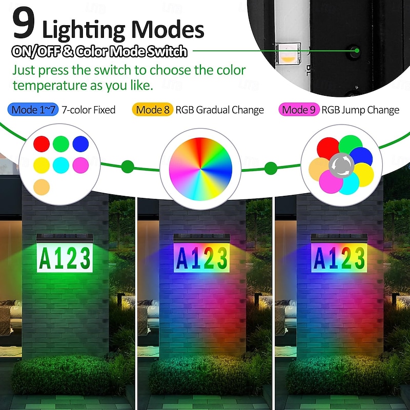 1 Pc Outdoor Solar Adress Lights Wall Lights Rgb Color Changing Door Number Light Wall Mounted And Ground Plugged In Two Remote Control Methods For Controlling Street Signs, Porch Lighting3