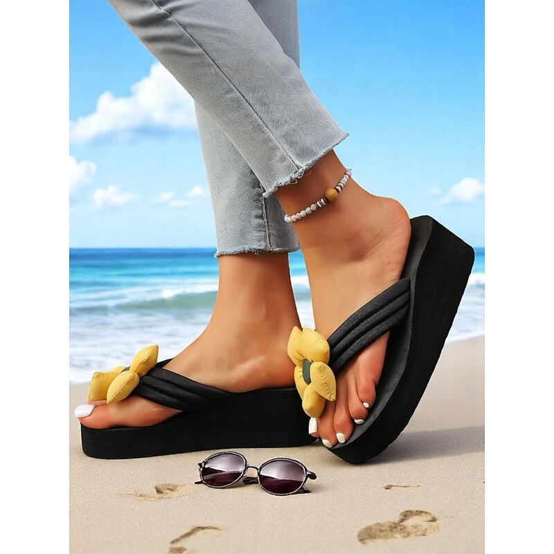 Women's Black Platform Flip Flops with Yellow Flower Detail – Cute Beach Sandals for Summer Vacations, Poolside Relaxation, and Daily Casual Wear4