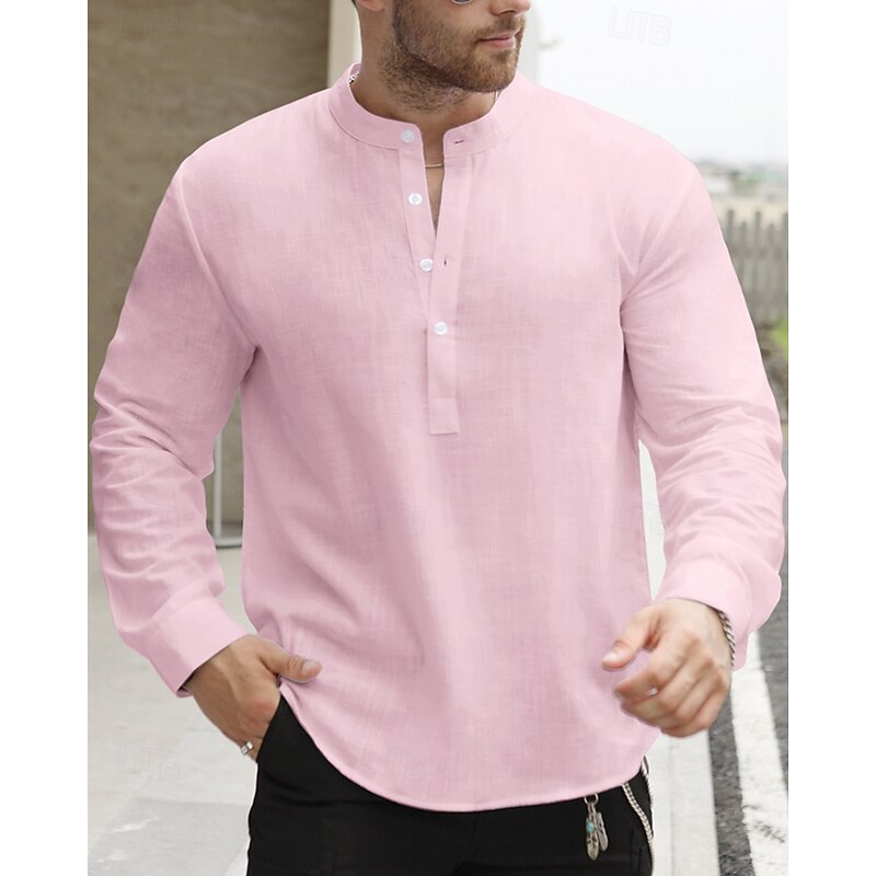 Men's Shirt Linen Shirt Popover Shirt Casual Shirt Cotton Shirt Plain Vacation Hawaiian Black White Yellow Light Green Long Sleeve Band Collar Spring Fall Clothing Apparel Button-Down