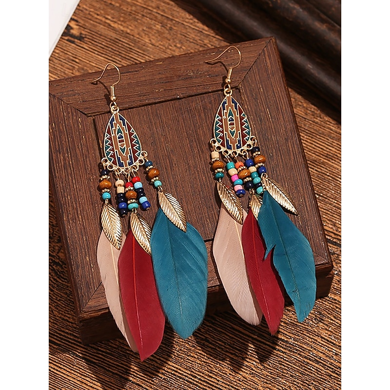 Bohemian Feather Earrings with Colorful Beads, Ethnic Style for Women – Perfect for Summer Festivals, Casual Outings and Vacation Wear2
