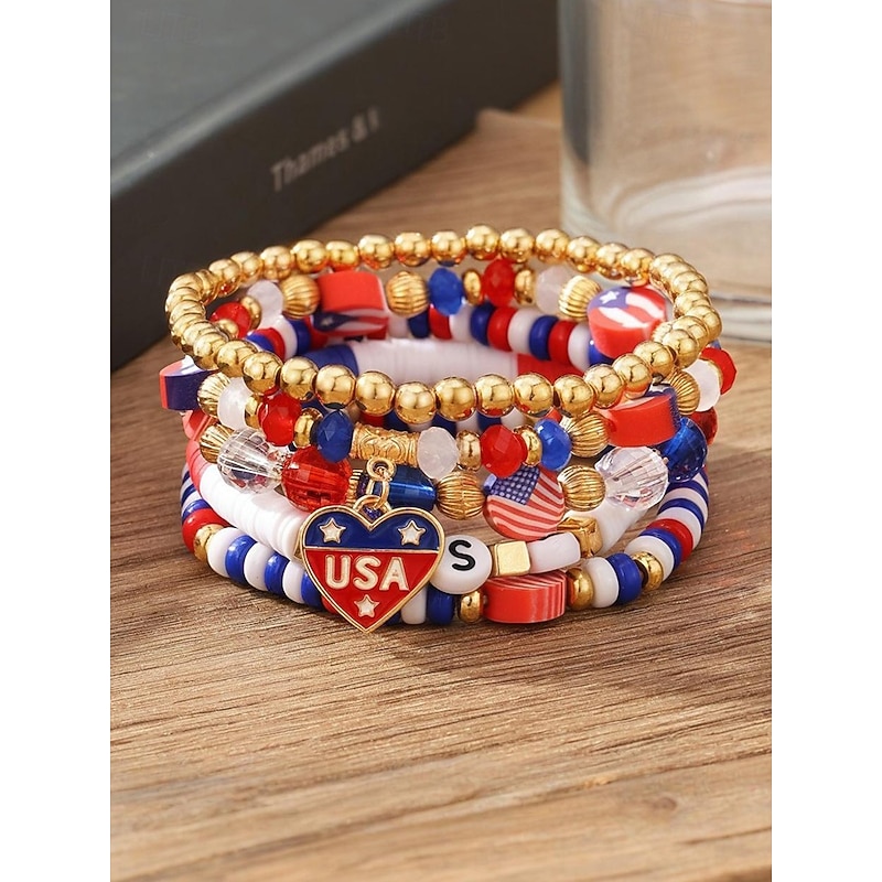 Women's Patriotic Beaded Bracelet Set – Red White and Blue USA Charm Elastic Stretch Bangles – 4th of July Independence Day Jewelry for Holiday Outfits & Party Wear