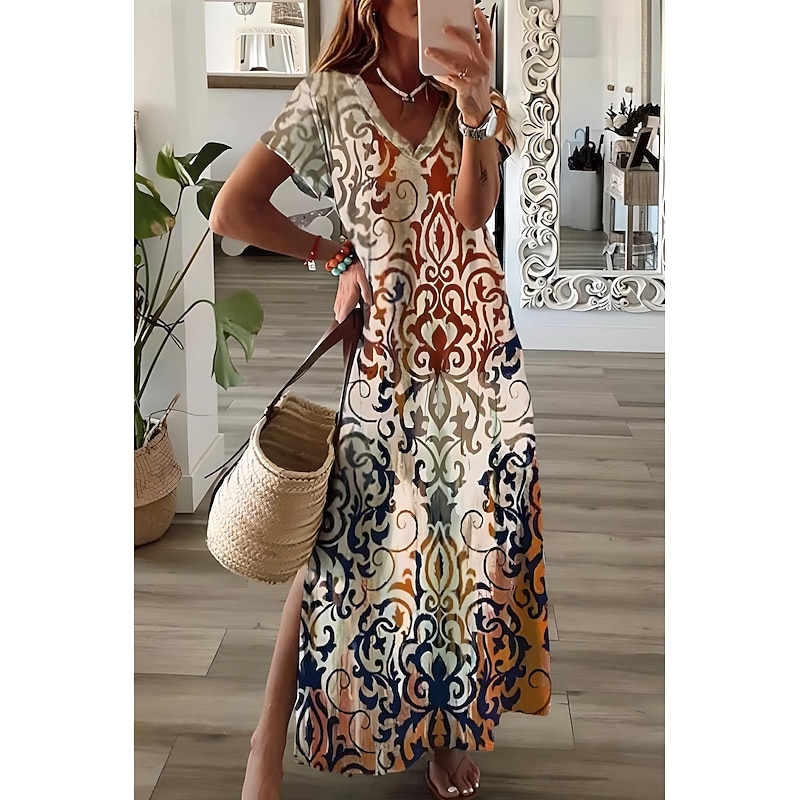 Women's Maxi Dress Sundress A Line Dress Vacation Casual Boho Going out Beach Loose Fit Floral Graphic Geometric Short Sleeve V Neck Light Brown Blue Sky Blue Grey Summer Spring2