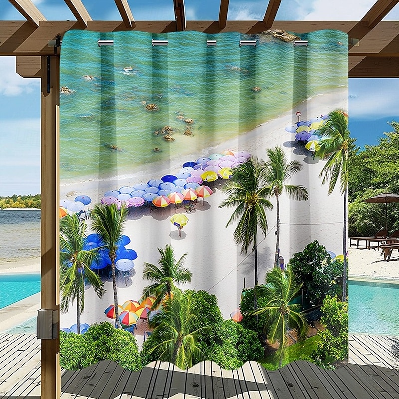 Waterproof Outdoor Curtain Privacy, Sliding Patio Curtain Drapes, Pergola Curtains Grommet 3D Summer Beach Palm Trees Landscape For Gazebo, Balcony, Porch, Party, 1 Panel2