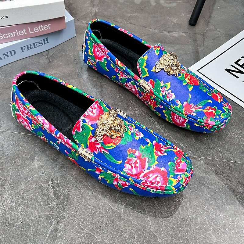 Men's Blue Floral Slip-On Loafers with Lion Head Decoration, Stylish Moccasins, Ideal for Casual Outings, Resort Wear, and Relaxing Vacations2