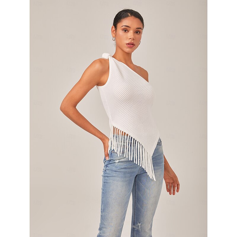Ivory Asymmetry Fringe Knit Top4
