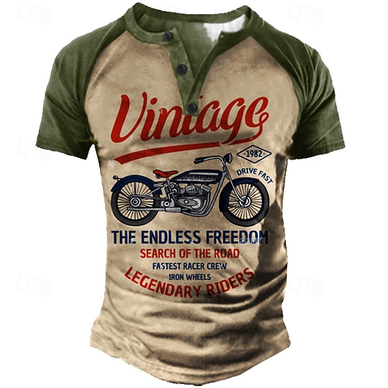 Men's T shirt Tee Henley Shirt Tee Graphic Letter Motorcycle Henley Blue Brown Green Khaki 3D Print Plus Size Outdoor Daily Short Sleeve Button-Down Print Clothing Apparel Designer Stylish Vintage4