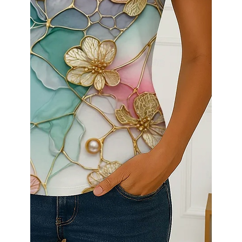 Women's T Shirt Floral Graphic Plants Casual Short Sleeve Round Neck Regular Tops Daily Print Light Green Summer Spring3