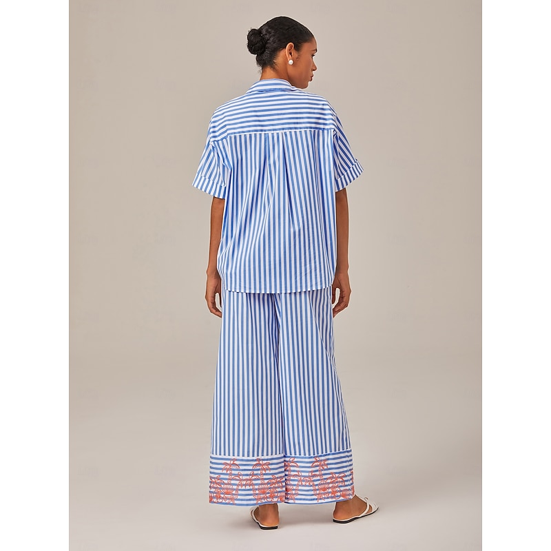 Women's Female Button Down Shirt Casual Shirt Tree Striped Casual T-shirt Sleeve Blue Embroidered Buttons Short Sleeve Elegant Vacation Casual Shirt Collar Summer2