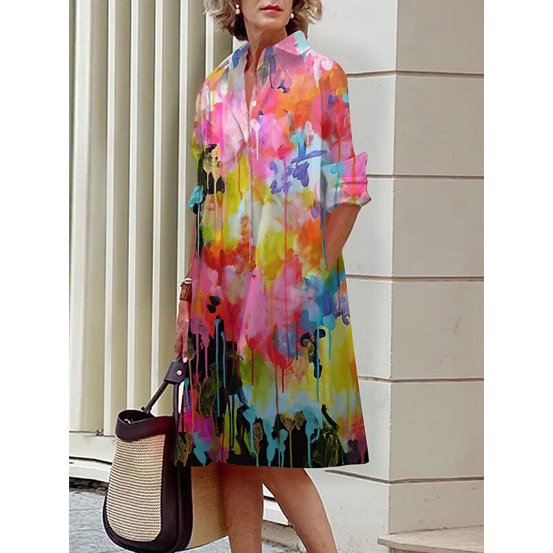 Women's Mini Dress Shirt Dress Casual Dress Summer Dress Fashion Vacation Daily Weekend Regular Fit Floral Long Sleeve Shirt Collar Aqua Blue Pink Blue Dark Green Summer3