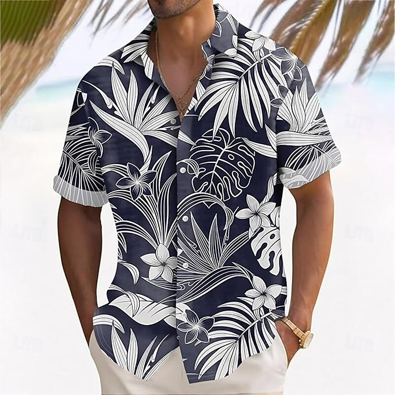 Men's Palm Leaf Tropical Plants Shirt Summer Hawaiian Shirt Button Up Shirt Short Sleeve Hawaiian Vacation Holiday Beach Wear Summer Spring Turndown 3D Print Collared Shirts Pink Dark Blue3