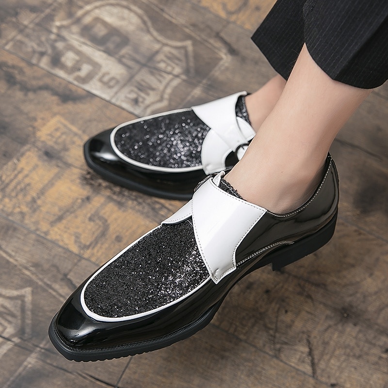 Men's Dress Shoes - Black and White Two-Tone Shoes with Glitter Detailing for Dance Parties and Special Occasions4