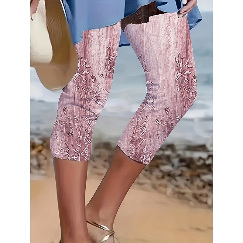 Women's Leggings Capri Pants 3D Print High Elasticity Vacation Vintage Fashion Calf-Length High Waist Floral Graphic Printing Breathable Soft Stretchy Formal Vacation Office Buff Pink Blue Amethyst3