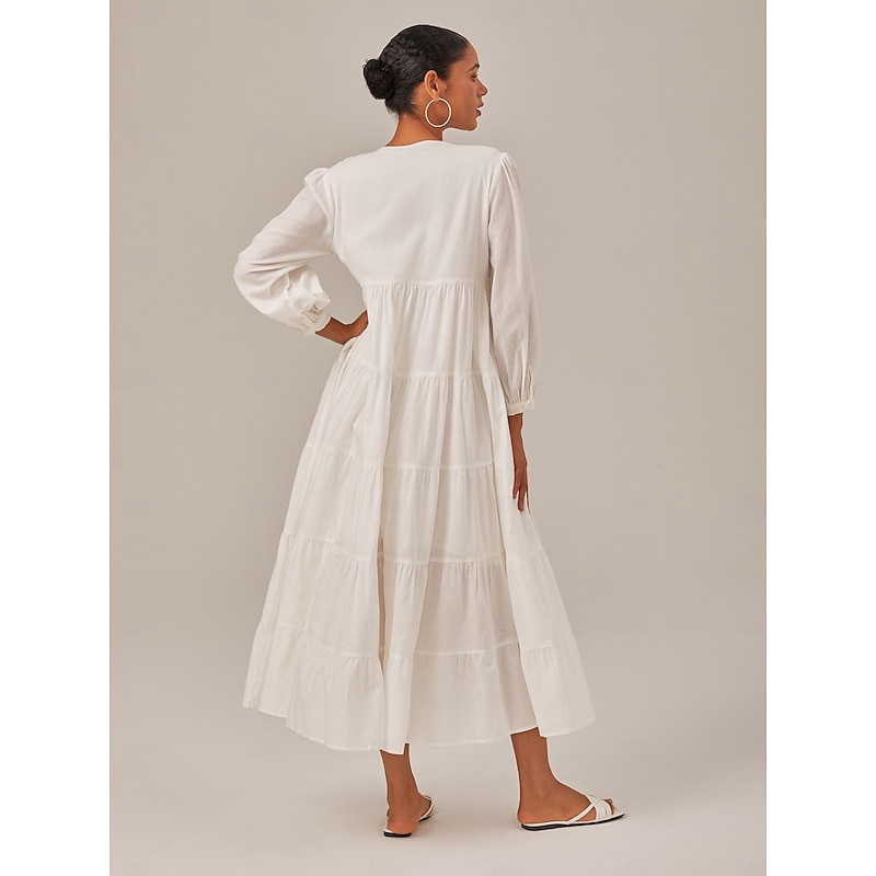 Women's Linen Cotton Blend White Dress Button V Neck Solid Color Boho Maxi Dress4