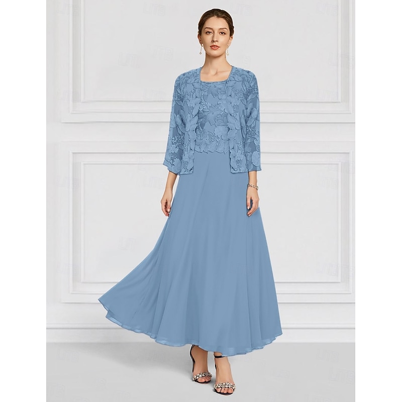 Two Piece Floral Dress Sets Mother of the Bride Elegant Crew Neck Ankle Length Chiffon Long Sleeve with Lace Embroidery