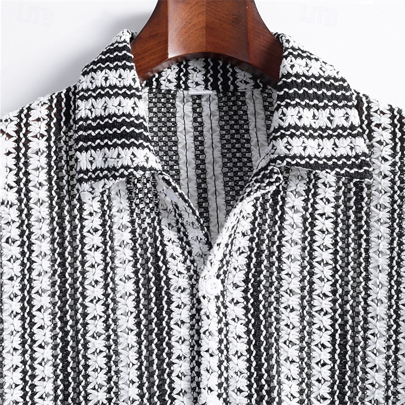 Men's Shirt Summer Shirt Casual Shirt Beach Shirt Button Up Shirt Black Short Sleeve Stripes Lapel Vacation Hawaiian Clothing Apparel Polyester Fashion Casual Comfortable Pocket3