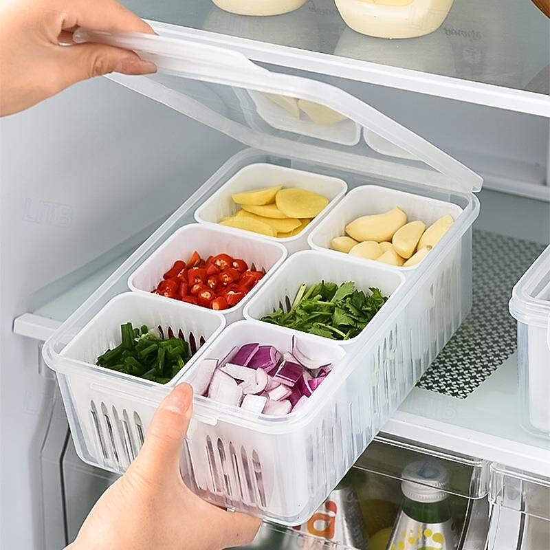 6-in-1 Refrigerator Storage Bin with Lid - Dust-ProokPreservation & Drainage Box for Onions, Garlic, Fruits&More3
