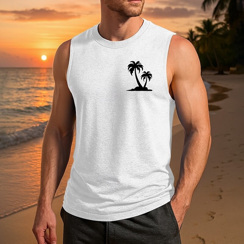 Men's Vest Top Undershirt Sleeveless Shirt Sleeveless Crewneck Spring & Summer Coconut Tree Pattern Fashion Designer Vacation Street Going out Black White Blue Top Tee for Men