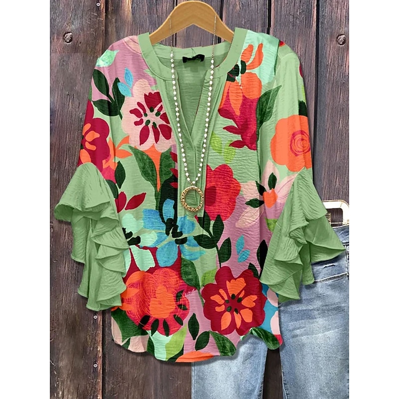 Women's Retro Blouse Layered Ruffle Sleeve Tops Vintage Floral Graphic Daily Stylish Casual 3/4 Length Sleeve Regular Tops Daily Holiday Vacation Wear Print Pink Green Beige Summer Spring2
