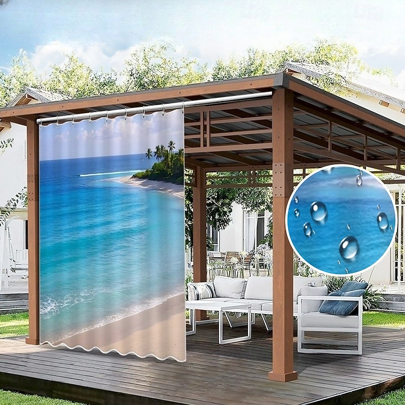 Waterproof Outdoor Curtain Privacy, Sliding Patio Curtain Drapes, Pergola Curtains Grommet 3D Landscape Ocean Beach For Gazebo, Balcony, Porch, Party, 1 Panel