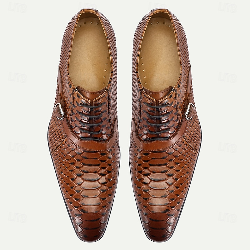 Men's Brown Crocodile Pattern Leather Oxford Shoes – Elegant Prom and Banquet Dress Shoes with Side Buckle4