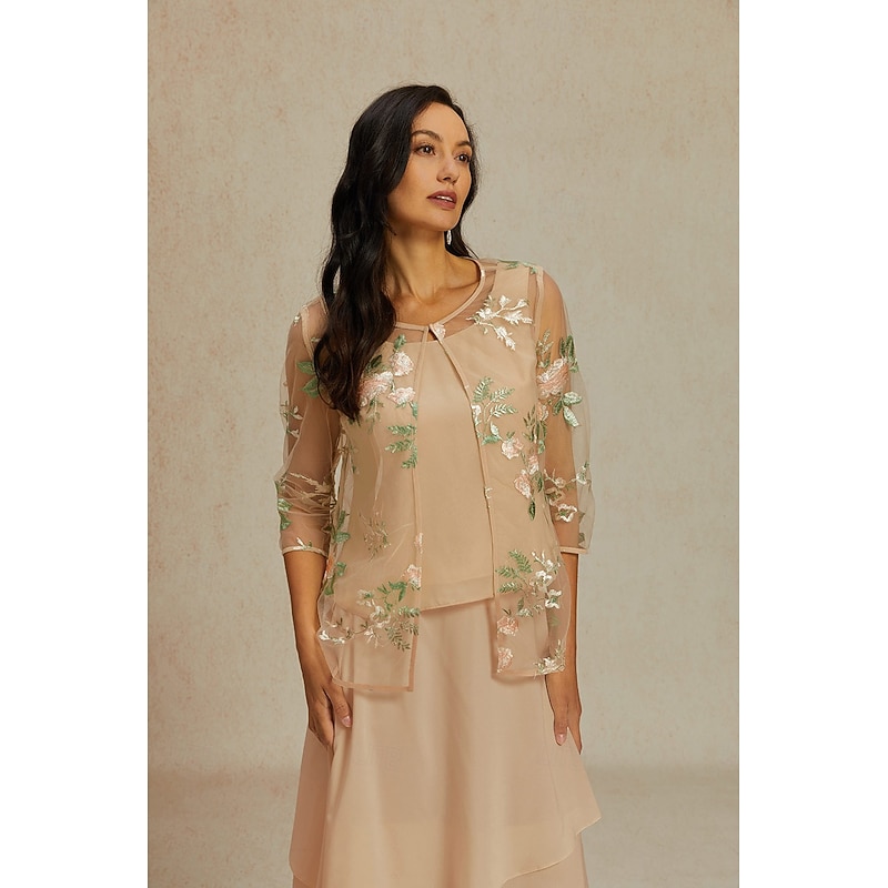 Women's Chiffon Tops Floral Elegant Stylish Basic 3/4 Length Sleeve Crew Neck Regular Tops Lace Embroidered Apricot Summer4