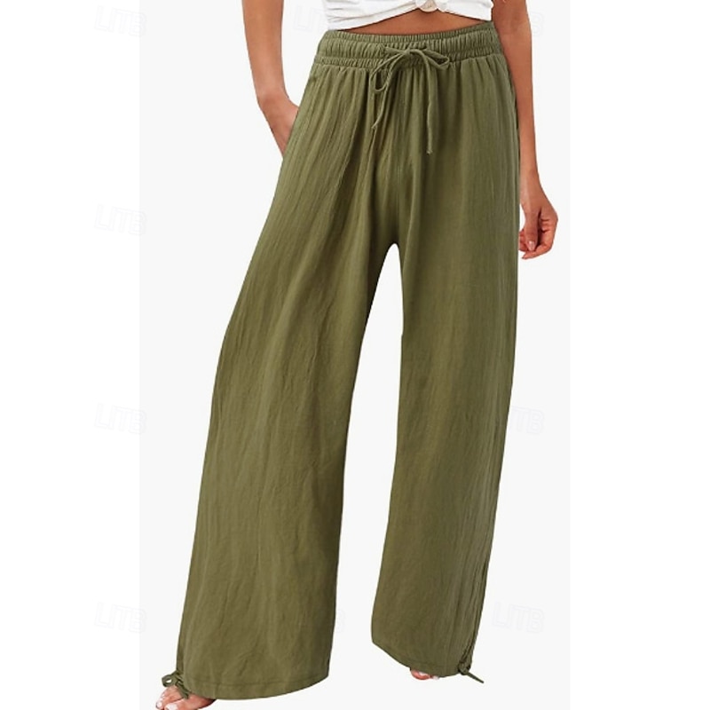 Women's Cotton Linen Pants Culottes Wide Leg Slacks Casual Full Length Natural Plain Pocket Elastic Drawstring Design Comfy Outdoor Comfortable Street Going out Grey White Army Green Summer Regular3