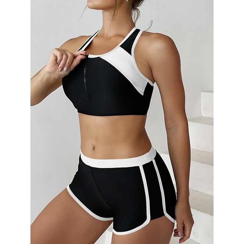 Women's Swimsuits Tankini 2 Piece Shorts Swimsuit Backless Tummy Control High Waist Slim Vacation Beach Wear Color Block U Neck Sleeveless Bathing Suits