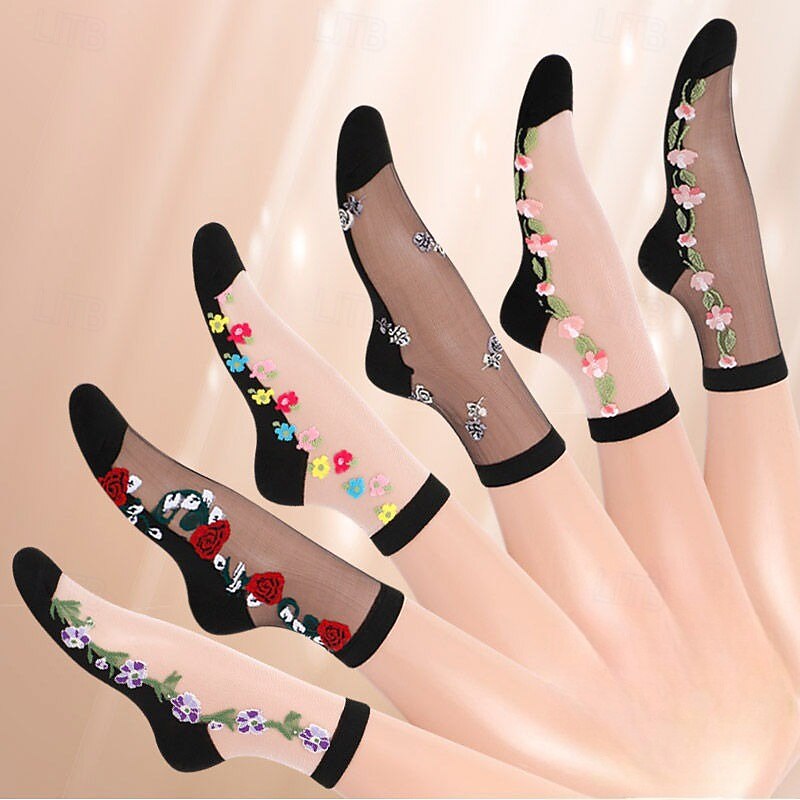 6 Pairs Lady Embroidery Floral Socks Transparent Sheer Mesh Thin Comfort Hosiery2