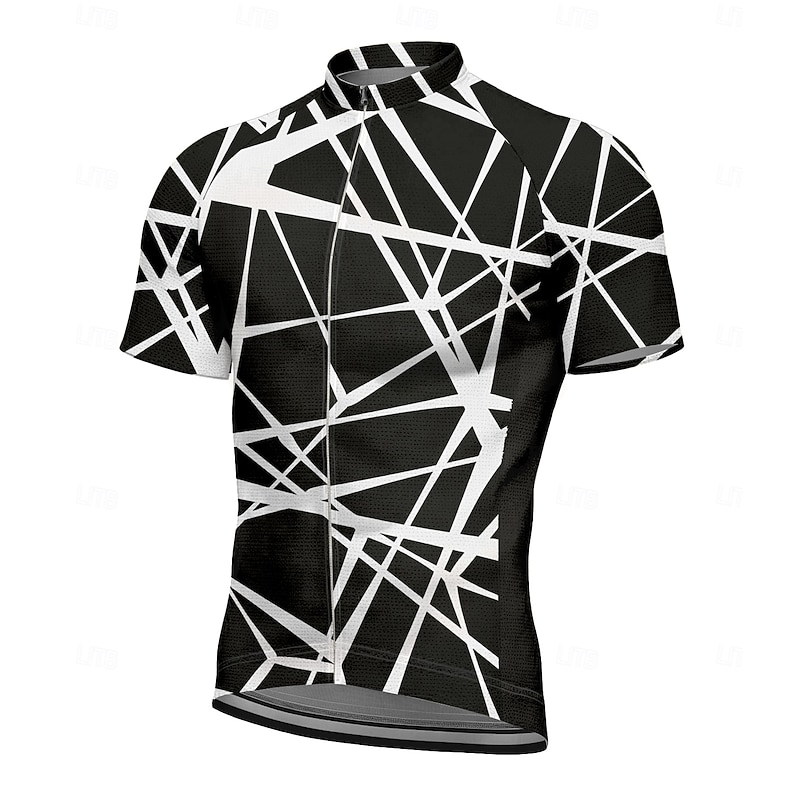 Men's Cycling Jersey Graphic Geometric Stripes Short Sleeve Bike Tee Tshirt Jersey Top with 3 Rear Pockets UV Resistant Quick Dry Front Zipper Reflective Strips Sports Black Clothing Apparel