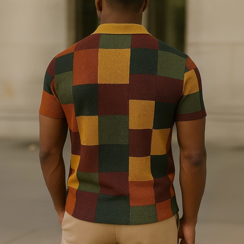 Men's Color Block Waffle Polo Shirts Short Sleeve Polo Shirts Collared Shirts Business Casual Business Athleisure Daily Wear Buttons 3D Print Summer Yellow2