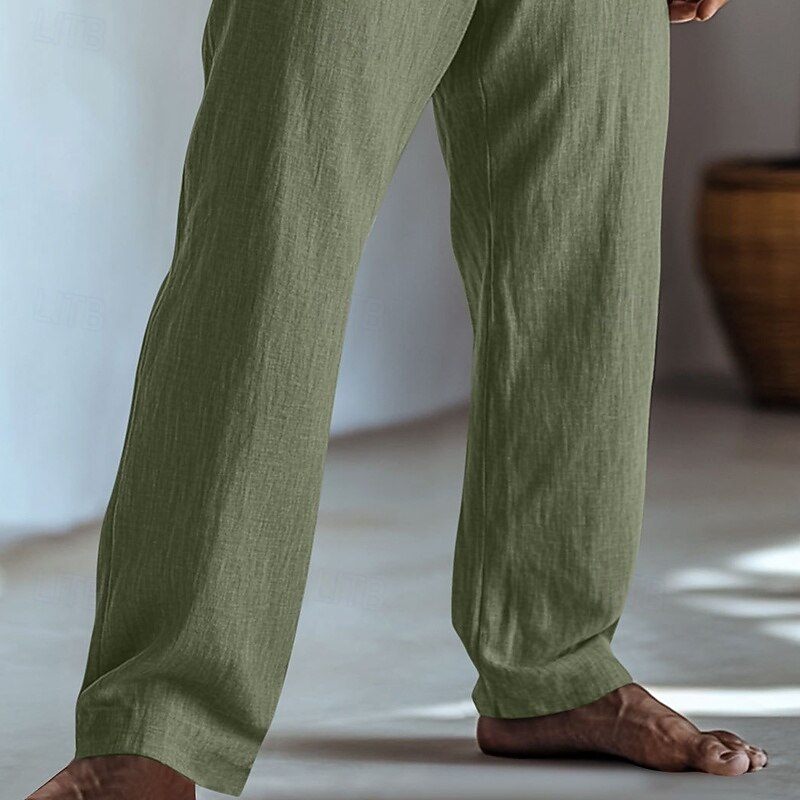 Men's Linen Pants Trousers Summer Pants Baggy Pants Elastic Waist Straight Leg Plain Comfort Breathable Full Length Home Yoga Daily Fashion Classic Style Black Light Green3