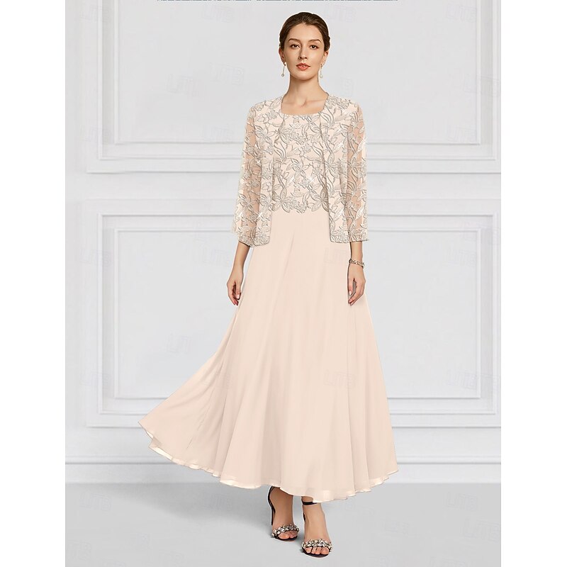 Two Piece A-Line Mother of the Bride Dress Beaded Elegant Vintage Simple Crew Neck Ankle Length Lace Long Sleeve with Lace Embroidery4