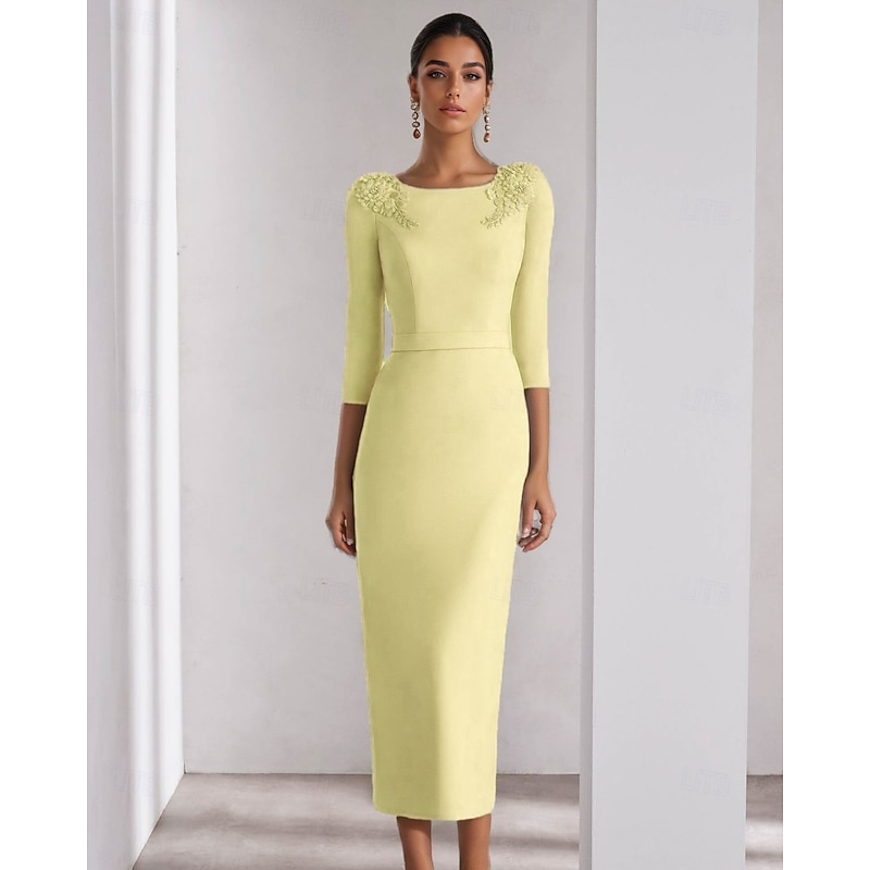 Sheath / Column Cocktail Dresses Elegant Dress Formal Wedding Ankle Length 3/4 Length Sleeve Crew Neck Stretch Crepe with Slit4