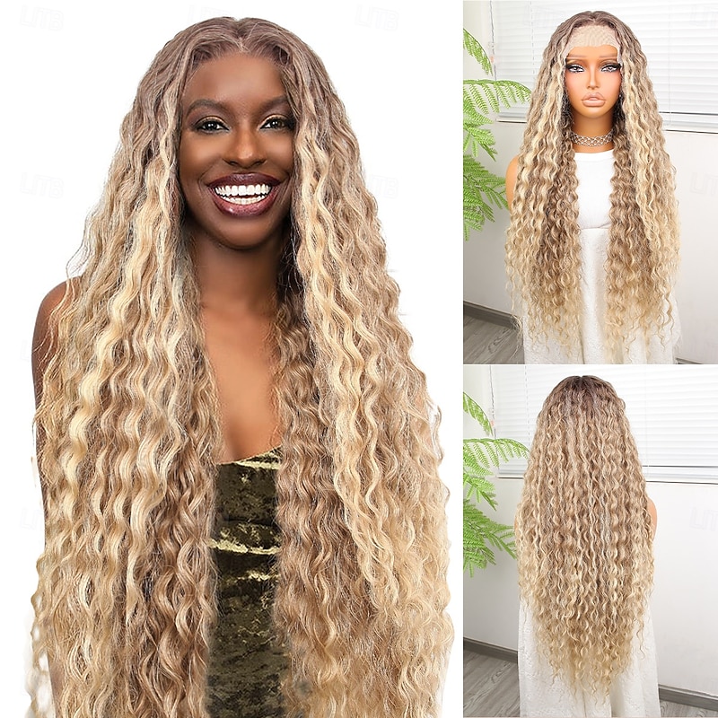 Synthetic Lace Wig Deep Curly Style 32 inch Multi-color Middle Part 13x4x1 T Part Lace Front Wig Women's Wig Light golden