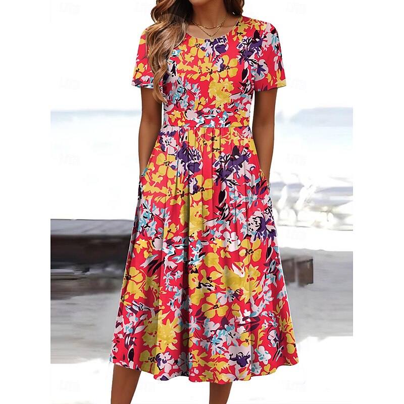 Women's Midi Dress Summer Dress Pleated Dress Vacation Casual Beach Daily Holiday Regular Fit Floral Graphic Short Sleeve Crew Neck White Blue Orange Green Summer4