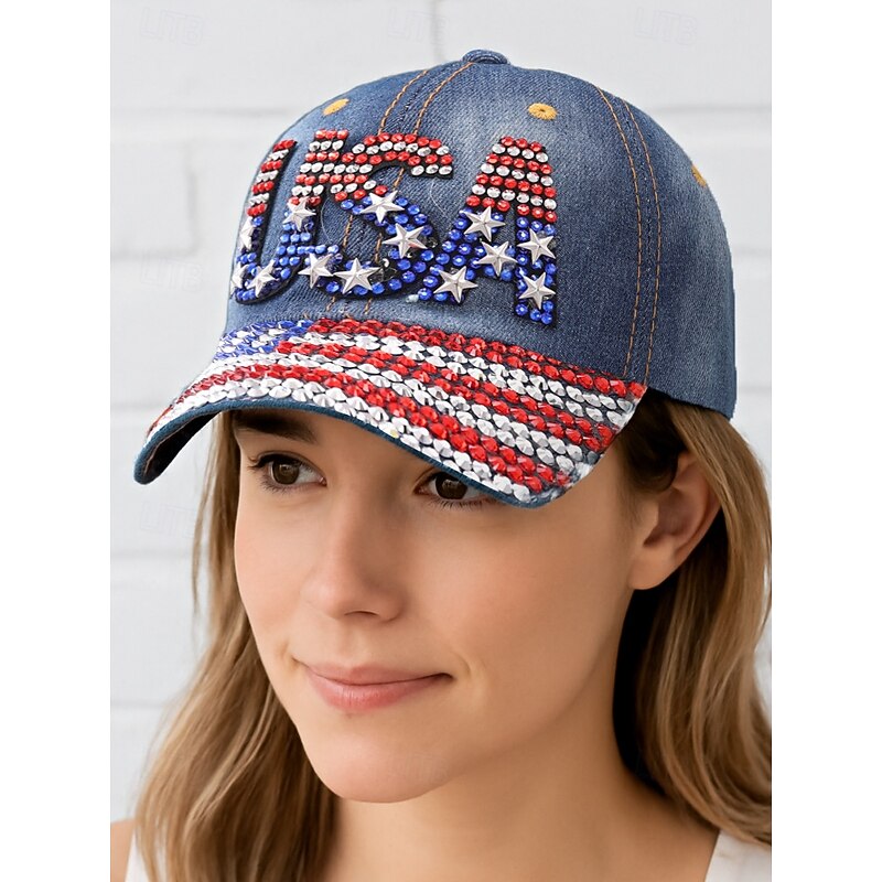 USA Rhinestone Denim Baseball Cap – Sparkly Patriotic American Flag Hat for Women and Men, Adjustable 4th of July Independence Day Outfit Accessory