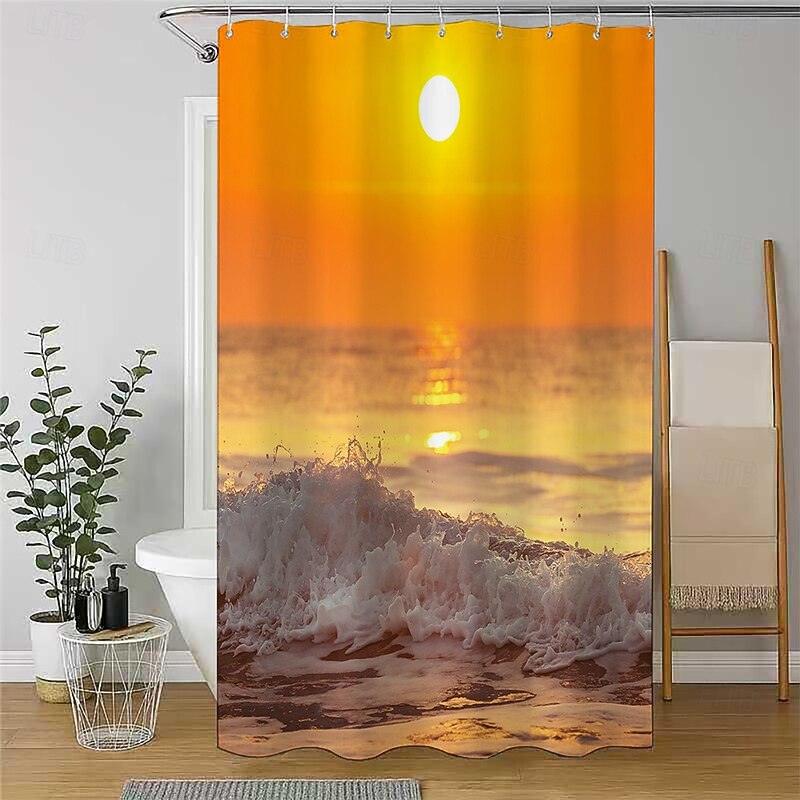 Shower Curtain with Hooks 180cm*180cm(70"*70") Polyester Washable Waterproof Sunrise Sunset Sea Seaside Coconut Tree Pattern3