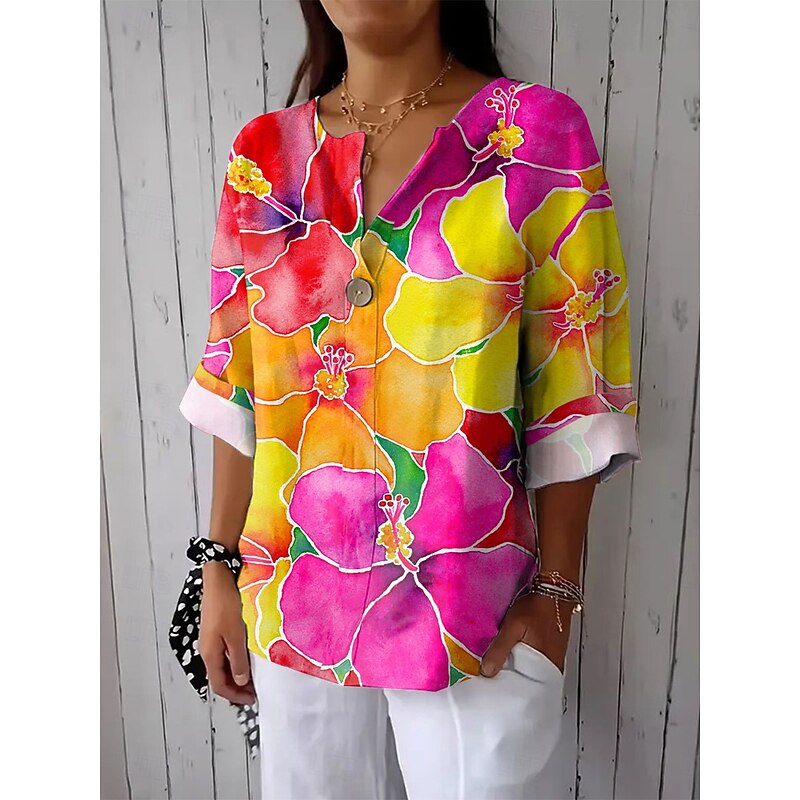 Women's Shirt Long Sleeve  V Neck Floral Graphic Vintage Tropical Hawaiian 3/4 Length Sleeve Crew Neck Regular Tops Daily Holiday Beach Wear Print Fuchsia Summer Spring